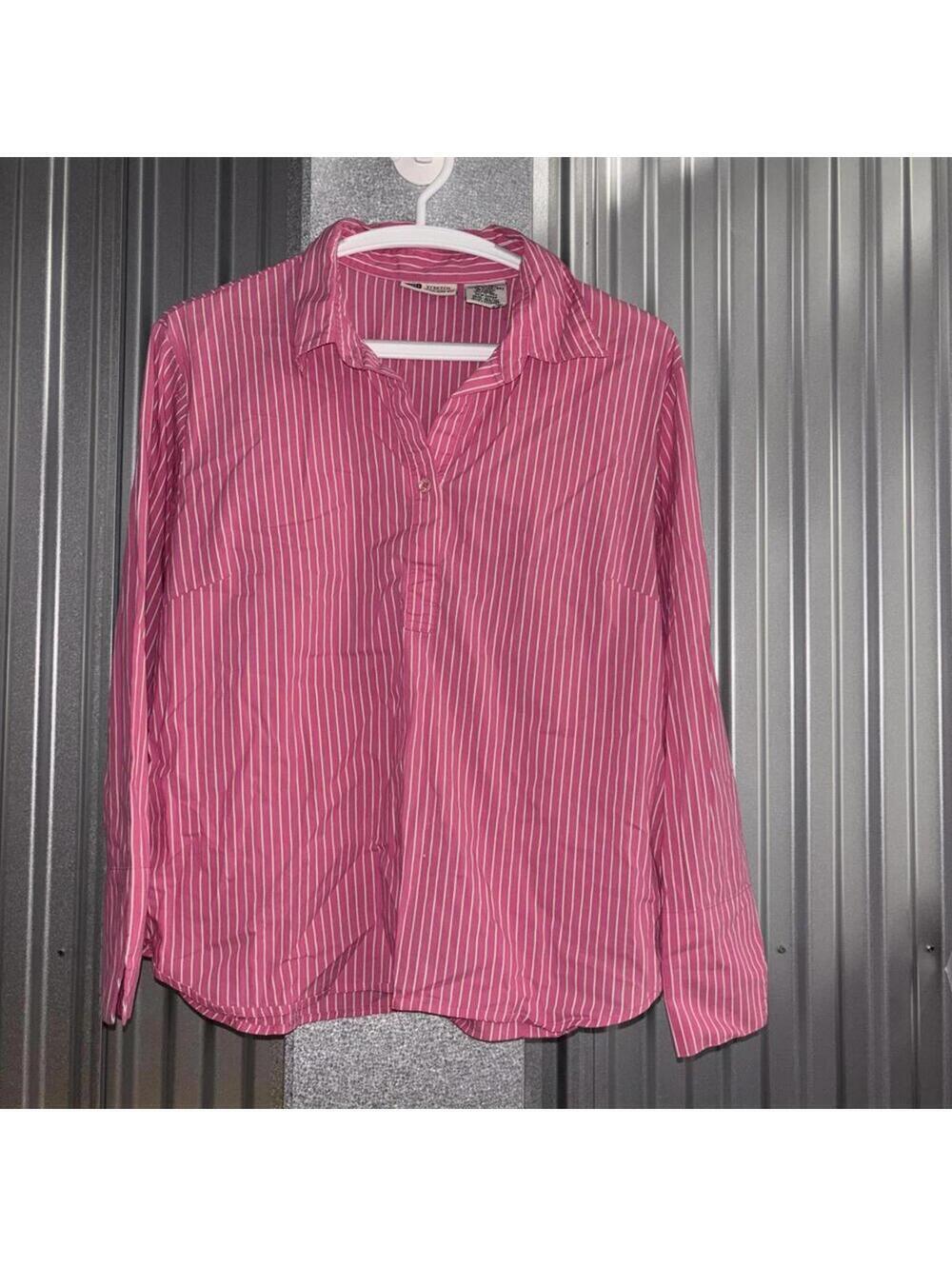 Faded Glory Stretch Pink White Striped Popover Blouse Cotton Blend Work Office